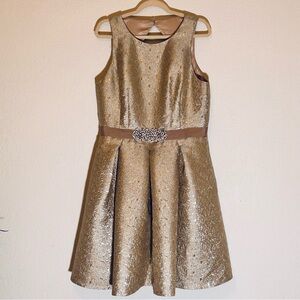 Eliza J Fit-n-Flare Metallic Thread Jacquard Dress with Rhinestones Brocade